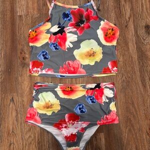 SHEIN Gray High-Neck Floral Two-Piece Bikini with Red, Yellow & Blue Flowers